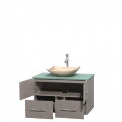 36 inch Single Bathroom Vanity in Gray Oak, Green Glass Countertop, Arista Ivory Marble Sink, and No Mirror