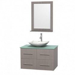 36 inch Single Bathroom Vanity in Gray Oak, Green Glass Countertop, Arista White Carrera Marble Sink, and 24 inch Mirror