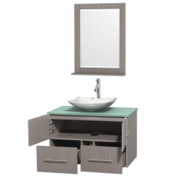 36 inch Single Bathroom Vanity in Gray Oak, Green Glass Countertop, Arista White Carrera Marble Sink, and 24 inch Mirror