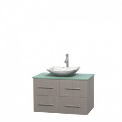 36 inch Single Bathroom Vanity in Gray Oak, Green Glass Countertop, Arista White Carrera Marble Sink, and No Mirror