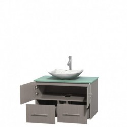 36 inch Single Bathroom Vanity in Gray Oak, Green Glass Countertop, Arista White Carrera Marble Sink, and No Mirror