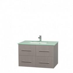 36 inch Single Bathroom Vanity in Gray Oak, Green Glass Countertop, Undermount Square Sink, and No Mirror