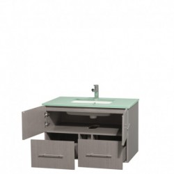36 inch Single Bathroom Vanity in Gray Oak, Green Glass Countertop, Undermount Square Sink, and No Mirror