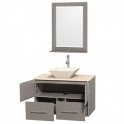 36 inch Single Bathroom Vanity in Gray Oak, Ivory Marble Countertop, Pyra Bone Porcelain Sink, and 24 inch Mirror