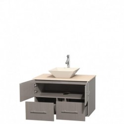 36 inch Single Bathroom Vanity in Gray Oak, Ivory Marble Countertop, Pyra Bone Porcelain Sink, and No Mirror