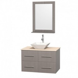 36 inch Single Bathroom Vanity in Gray Oak, Ivory Marble Countertop, Pyra White Porcelain Sink, and 24 inch Mirror