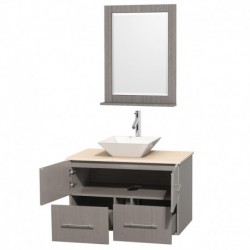36 inch Single Bathroom Vanity in Gray Oak, Ivory Marble Countertop, Pyra White Porcelain Sink, and 24 inch Mirror