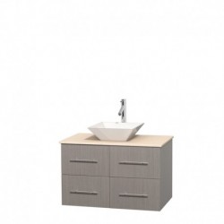 36 inch Single Bathroom Vanity in Gray Oak, Ivory Marble Countertop, Pyra White Porcelain Sink, and No Mirror