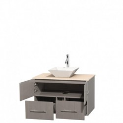 36 inch Single Bathroom Vanity in Gray Oak, Ivory Marble Countertop, Pyra White Porcelain Sink, and No Mirror