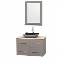 36 inch Single Bathroom Vanity in Gray Oak, Ivory Marble Countertop, Altair Black Granite Sink, and 24 inch Mirror