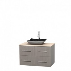 36 inch Single Bathroom Vanity in Gray Oak, Ivory Marble Countertop, Altair Black Granite Sink, and No Mirror