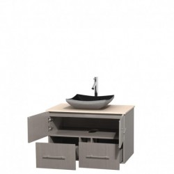 36 inch Single Bathroom Vanity in Gray Oak, Ivory Marble Countertop, Altair Black Granite Sink, and No Mirror