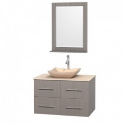 36 inch Single Bathroom Vanity in Gray Oak, Ivory Marble Countertop, Avalon Ivory Marble Sink, and 24 inch Mirror