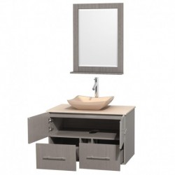 36 inch Single Bathroom Vanity in Gray Oak, Ivory Marble Countertop, Avalon Ivory Marble Sink, and 24 inch Mirror