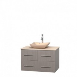 36 inch Single Bathroom Vanity in Gray Oak, Ivory Marble Countertop, Avalon Ivory Marble Sink, and No Mirror