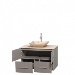 36 inch Single Bathroom Vanity in Gray Oak, Ivory Marble Countertop, Avalon Ivory Marble Sink, and No Mirror