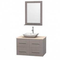 36 inch Single Bathroom Vanity in Gray Oak, Ivory Marble Countertop, Avalon White Carrera Marble Sink, and 24 inch Mirror