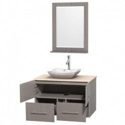 36 inch Single Bathroom Vanity in Gray Oak, Ivory Marble Countertop, Avalon White Carrera Marble Sink, and 24 inch Mirror
