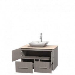 36 inch Single Bathroom Vanity in Gray Oak, Ivory Marble Countertop, Avalon White Carrera Marble Sink, and No Mirror