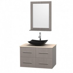 36 inch Single Bathroom Vanity in Gray Oak, Ivory Marble Countertop, Arista Black Granite Sink, and 24 inch Mirror