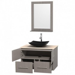 36 inch Single Bathroom Vanity in Gray Oak, Ivory Marble Countertop, Arista Black Granite Sink, and 24 inch Mirror