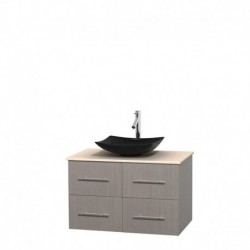 36 inch Single Bathroom Vanity in Gray Oak, Ivory Marble Countertop, Arista Black Granite Sink, and No Mirror