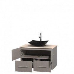 36 inch Single Bathroom Vanity in Gray Oak, Ivory Marble Countertop, Arista Black Granite Sink, and No Mirror