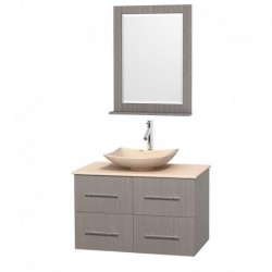 36 inch Single Bathroom Vanity in Gray Oak, Ivory Marble Countertop, Arista Ivory Marble Sink, and 24 inch Mirror