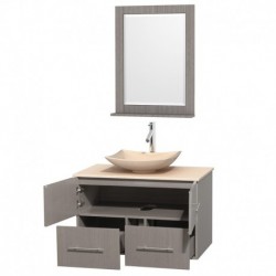 36 inch Single Bathroom Vanity in Gray Oak, Ivory Marble Countertop, Arista Ivory Marble Sink, and 24 inch Mirror