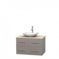 36 inch Single Bathroom Vanity in Gray Oak, Ivory Marble Countertop, Arista White Carrera Marble Sink, and No Mirror