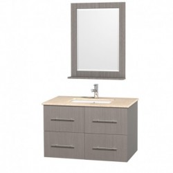36 inch Single Bathroom Vanity in Gray Oak, Ivory Marble Countertop, Square Porcelain Undermount Sink, and 24 inch Mirror