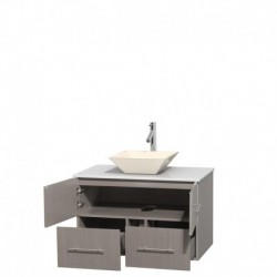 36 inch Single Bathroom Vanity in Gray Oak, White Man-Made Stone Countertop, Pyra Bone Porcelain Sink, and No Mirror