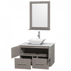 36 inch Single Bathroom Vanity in Gray Oak, White Man-Made Stone Countertop, Pyra White Porcelain Sink, and 24 inch Mirror