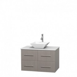 36 inch Single Bathroom Vanity in Gray Oak, White Man-Made Stone Countertop, Pyra White Porcelain Sink, and No Mirror
