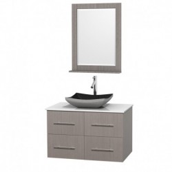 36 inch Single Bathroom Vanity in Gray Oak, White Man-Made Stone Countertop, Altair Black Granite Sink, and 24 inch Mirror