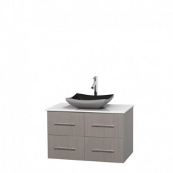36 inch Single Bathroom Vanity in Gray Oak, White Man-Made Stone Countertop, Altair Black Granite Sink, and No Mirror