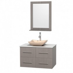 36 inch Single Bathroom Vanity in Gray Oak, White Man-Made Stone Countertop, Avalon Ivory Marble Sink, and 24 inch Mirror