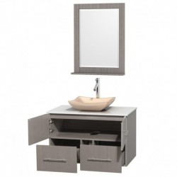 36 inch Single Bathroom Vanity in Gray Oak, White Man-Made Stone Countertop, Avalon Ivory Marble Sink, and 24 inch Mirror