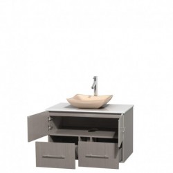 36 inch Single Bathroom Vanity in Gray Oak, White Man-Made Stone Countertop, Avalon Ivory Marble Sink, and No Mirror