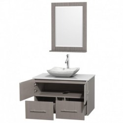 36 inch Single Bathroom Vanity in Gray Oak, White Man-Made Stone Countertop, Avalon White Carrera Marble Sink, and 24 inch Mirr