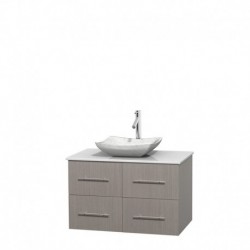 36 inch Single Bathroom Vanity in Gray Oak, White Man-Made Stone Countertop, Avalon White Carrera Marble Sink, and No Mirror