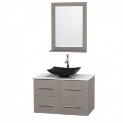 36 inch Single Bathroom Vanity in Gray Oak, White Man-Made Stone Countertop, Arista Black Granite Sink, and 24 inch Mirror