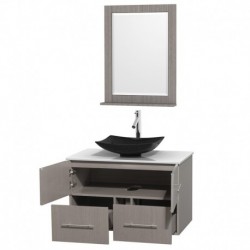 36 inch Single Bathroom Vanity in Gray Oak, White Man-Made Stone Countertop, Arista Black Granite Sink, and 24 inch Mirror