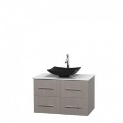 36 inch Single Bathroom Vanity in Gray Oak, White Man-Made Stone Countertop, Arista Black Granite Sink, and No Mirror