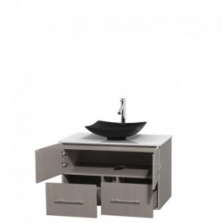 36 inch Single Bathroom Vanity in Gray Oak, White Man-Made Stone Countertop, Arista Black Granite Sink, and No Mirror