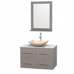 36 inch Single Bathroom Vanity in Gray Oak, White Man-Made Stone Countertop, Arista Ivory Marble Sink, and 24 inch Mirror