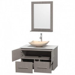 36 inch Single Bathroom Vanity in Gray Oak, White Man-Made Stone Countertop, Arista Ivory Marble Sink, and 24 inch Mirror