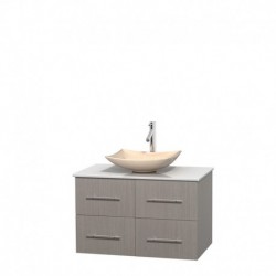 36 inch Single Bathroom Vanity in Gray Oak, White Man-Made Stone Countertop, Arista Ivory Marble Sink, and No Mirror