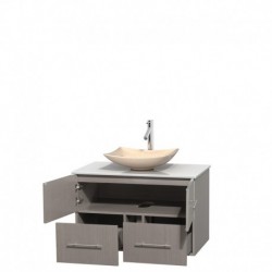 36 inch Single Bathroom Vanity in Gray Oak, White Man-Made Stone Countertop, Arista Ivory Marble Sink, and No Mirror