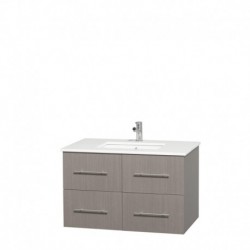 36 inch Single Bathroom Vanity in Gray Oak, White Man-Made Stone Countertop, Undermount Square Sink, and No Mirror